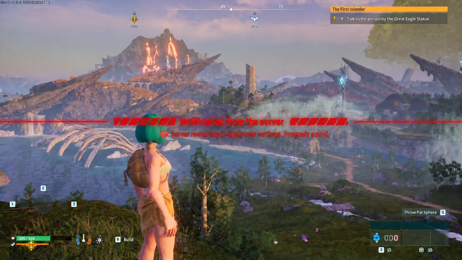 A /shutdown message in game: a red “Notification from the server” banner across the middle of the player's screen