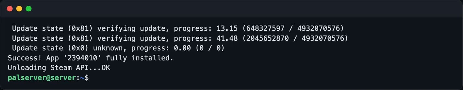 SteamCMD finishing the dedicated server download: Success! App '2394010' fully installed