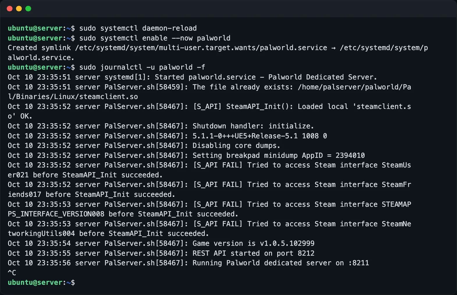 Enabling the systemd unit and following its journal until Running Palworld dedicated server on :8211 appears