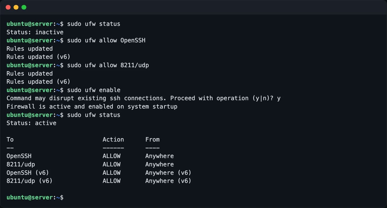 Opening the host firewall with ufw: allow OpenSSH first, then 8211/udp, then enable it and check the rules