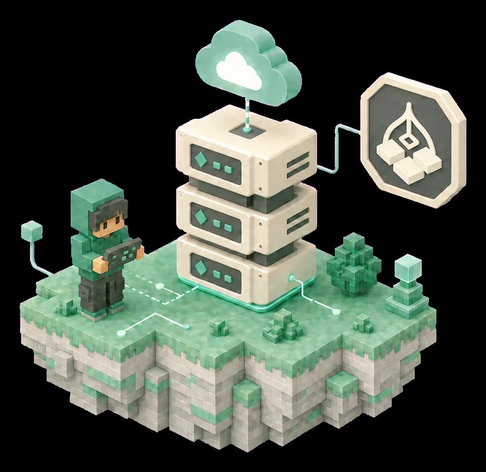 KeepWorlds pixel-art floating island: a player stands on the island, with a stack of game server towers linked through the clouds